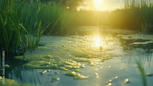 Vibrant green algae bloom covering a shallow pond surface with soft sunlight illuminating the tranquil waters