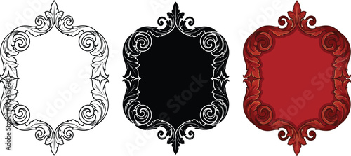 Three ornate baroque frames with intricate scrollwork and classic ornamentation presented in outline black and red variations ideal for luxury branding invitations and decorative labels