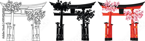 Japanese Torii gate with cherry blossoms depicted in outline silhouette and vibrant color vector illustrations perfect for cultural travel and spring-themed designs