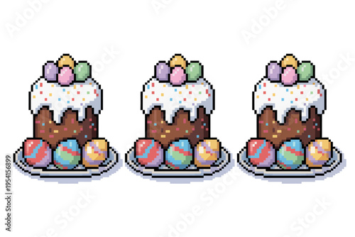 A pixel art illustration of three Easter cakes with colorful eggs on a white background
