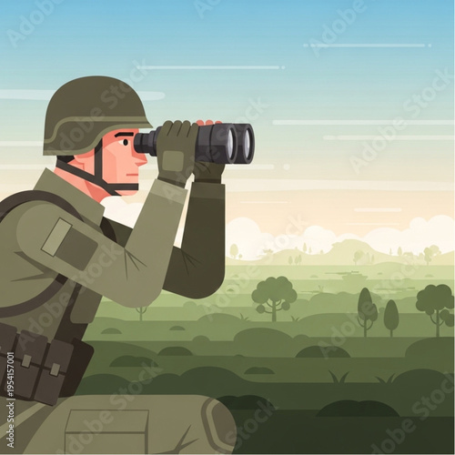 Soldier Using Binoculars for Surveillance.