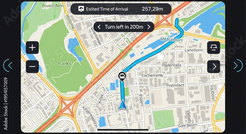 Navigation App Displaying Route on Map with Zoom Controls.