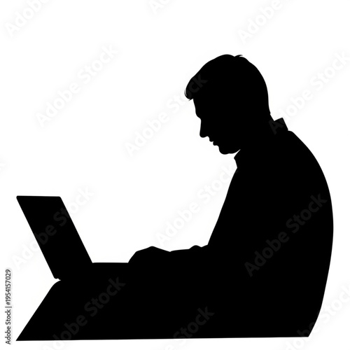 Man Silhouette Using Laptop Computer.