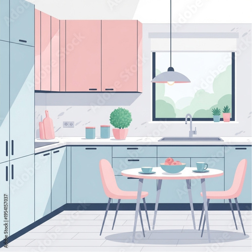 Modern Minimalist Kitchen Interior with Dining Table.