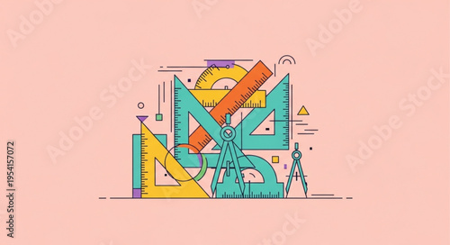 Geometric Tools Illustration - Rulers, Triangles, and Compass for Design and Measurement.