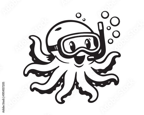 Smiling Cartoon Octopus Diver Wearing Snorkel Mask with Bubbles Playful Sea Adventure