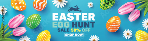 Easter Egg Hunt Sale 50% OFF Poster and template with colorful Easter Eggs and flower.Handwriting inscription Easter Day.Promotion and shopping template for Easter Day.Vector illustration EPS10