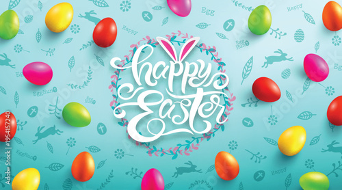Happy Easter Day Poster with colorful Painted Easter Eggs and hand drawn elements.Handwriting inscription Happy Easter Day.Promotion and shopping template for Easter Day.Vector illustration EPS10