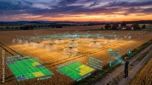 Photos Autonomous drone swarm over a golden wheat field at sunset with augmented realit