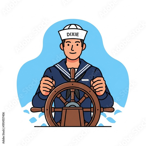 Sailor Steering Ship Wheel Cartoon Character.