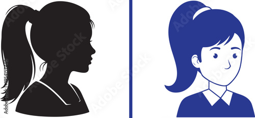 Vector silhouettes of two women with high ponytails. Left is a black side profile; right is a blue front-facing avatar with facial features and a collared shirt. Clean, minimalist graphic style.
