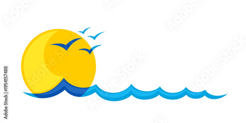 A sun symbol with sea and seagulls.