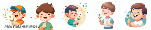 half body vector of a little boy blowing a dandelion flower in spring