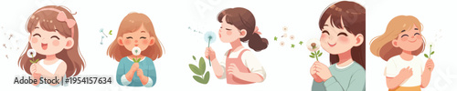 half body vector of a little girl blowing a dandelion flower in spring
