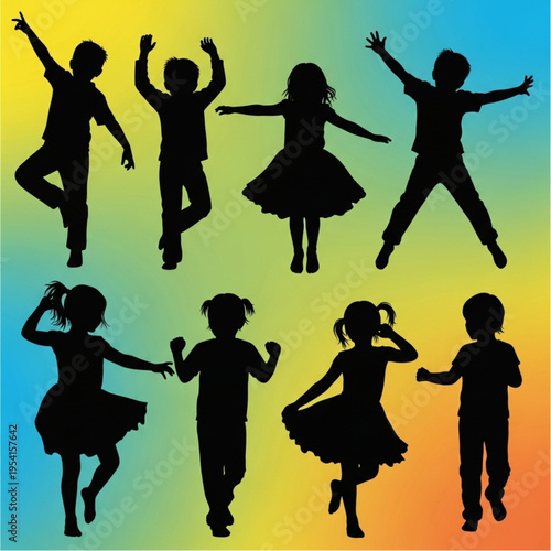 Silhouettes of Children Dancing Freely Together.