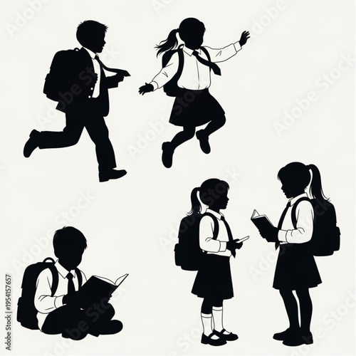Silhouettes of Children with Backpacks and Books.