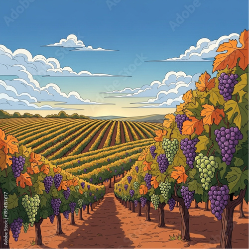 Vineyard with Grapes and Trees.