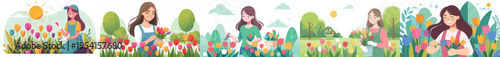 vector of a woman picking flowers in the garden during spring