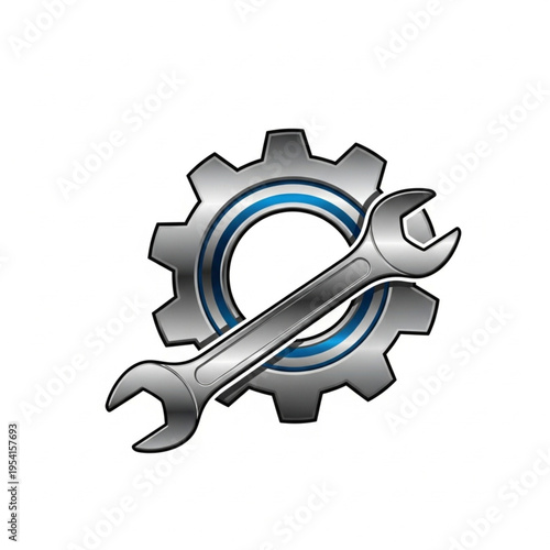 Silver Wrench on Gearwheel with Blue Accents.