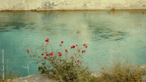 Vibrant red wildflowers bloom along a tranquil riverbank with textured flora and calm water
