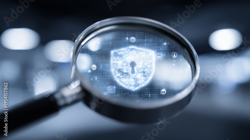 A magnifying glass focusing on a digital shield icon to represent cybersecurity assessment, threat detection, and data protection oversight.

