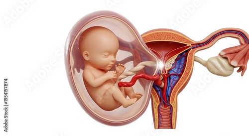 Human fetus in womb, detailed anatomy illustration