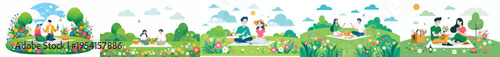 vector of a couple having a simple picnic in the park during spring