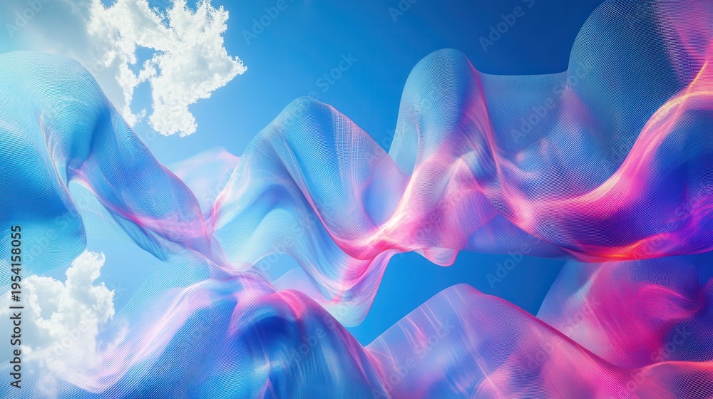 Obraz premium Vibrant Abstract Waves with Translucent Layered Textures Flowing Under a Blue Sky