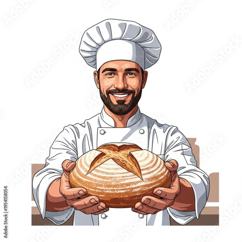 Smiling Male Chef Holding Freshly Baked Bread.