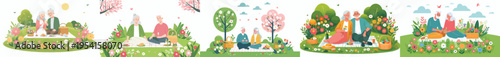 vector of a old couple having a simple picnic in the park during spring