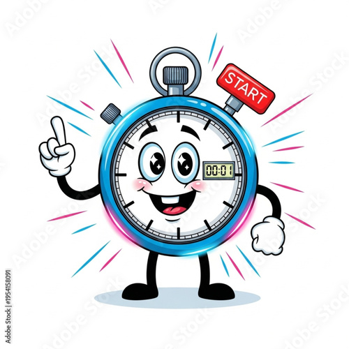 Smiling Stopwatch Character with Start Signal.