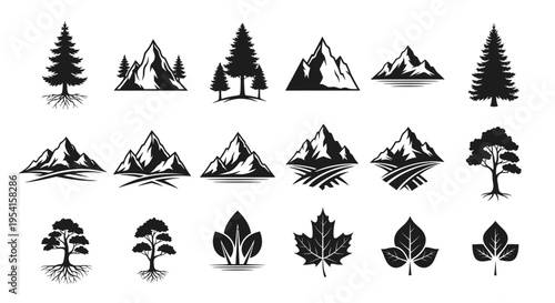 Black silhouettes of mountains trees and leaves on white background nature icons set