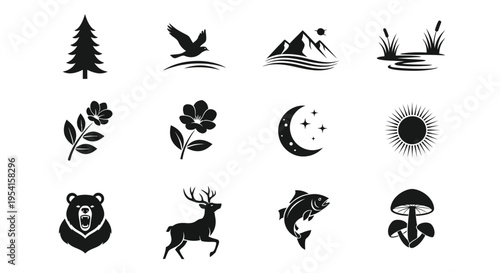Black silhouette icons of nature and wildlife including trees animals and celestial bodies on white background for design and decoration