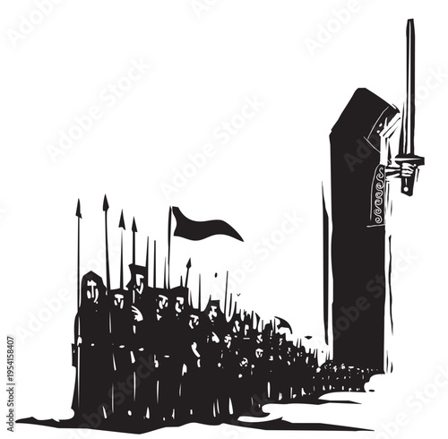 Woodcut expressionist style image of a Dark Army