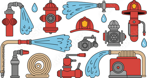 firefighter, equipment, hydrant, hose, water, pipe, safety, emergency, rescue, cartoon, flat, illustration, vector, clipart, fire, protection, service, tools, set, design