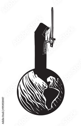 Woodcut expressionist style image of a Dark King on Earth