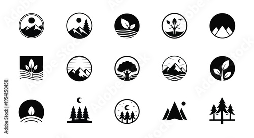 Collection of 15 black and white nature icons featuring mountains trees and plants in various minimalist designs for outdoor and environmental themes
