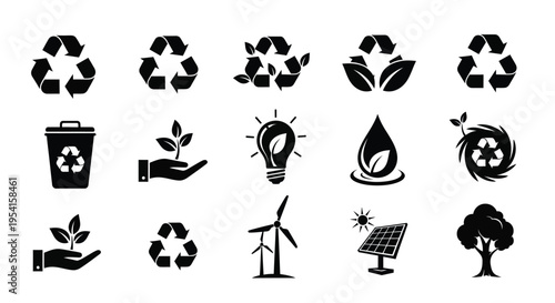 Eco friendly icons set including recycling symbol renewable energy and sustainable living concepts on white background