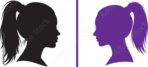 Vector side profile silhouettes of two young women with high ponytails, one in black and one in purple, separated by a vertical line.