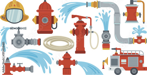 firefighter, equipment, hydrant, hose, water, pipe, safety, emergency, rescue, cartoon, illustration, vector, clipart, fire, protection, service, tools, design, set, collection