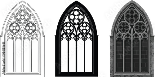 Set of three distinct Gothic arched windows featuring intricate tracery in detailed line art a bold silhouette and a realistic stone texture ideal for architectural and historical design