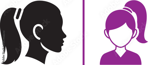Vector silhouettes of two women with high ponytails. Left shows a detailed black side profile; right is a front-facing purple avatar with a white face. Clean, minimalist icons for user profiles.