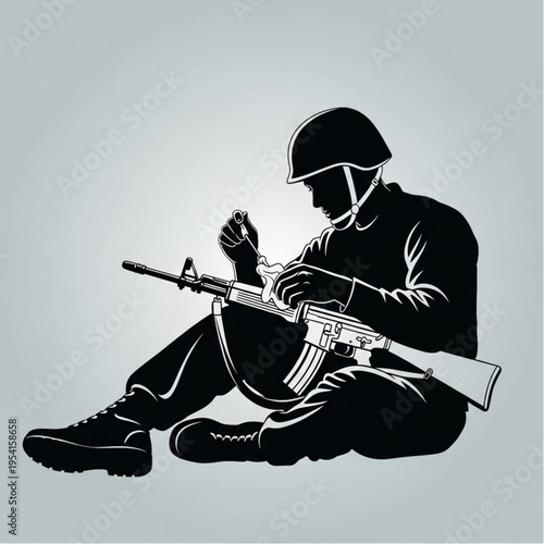 Soldier Sitting on Ground with Rifle.