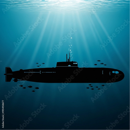 Submarine Silhouette Underwater with Sunlight.