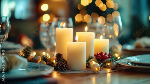 Warm Christmas Candles Create a Cozy Ambiance on a Dining Table with Festive Decor and Soft Bokeh Lights