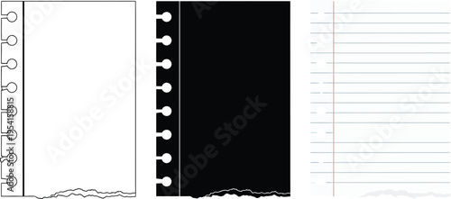 Set of torn notebook paper pages with spiral holes featuring blank lined and black variations ideal for design elements or backgrounds