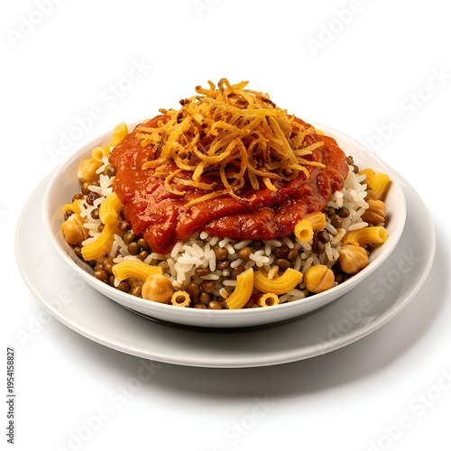 Classic Egyptian Koshari Meal with Rice, Lentils, Pasta, Fried Onions and Rich Tomato Sauce