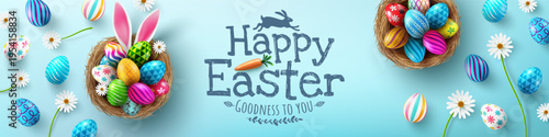Easter poster and banner template with Easter eggs in the nest on light green background.Greetings and presents for Easter Day in flat lay styling.Promotion and shopping template for Easter