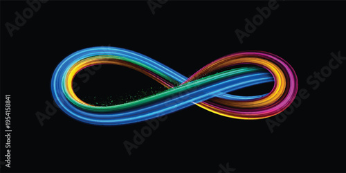 Abstract colorful background featuring a vibrant rainbow vector design with swirling light curves and motion lines over a black tech pattern backdrop