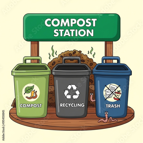 Three Colored Recycling Bins with Labels.